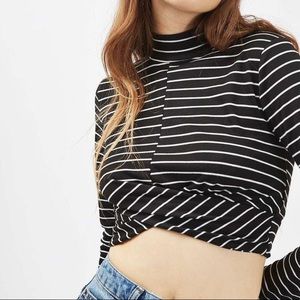 •Black & White Striped Wrap Crop Top Long Sleeve•